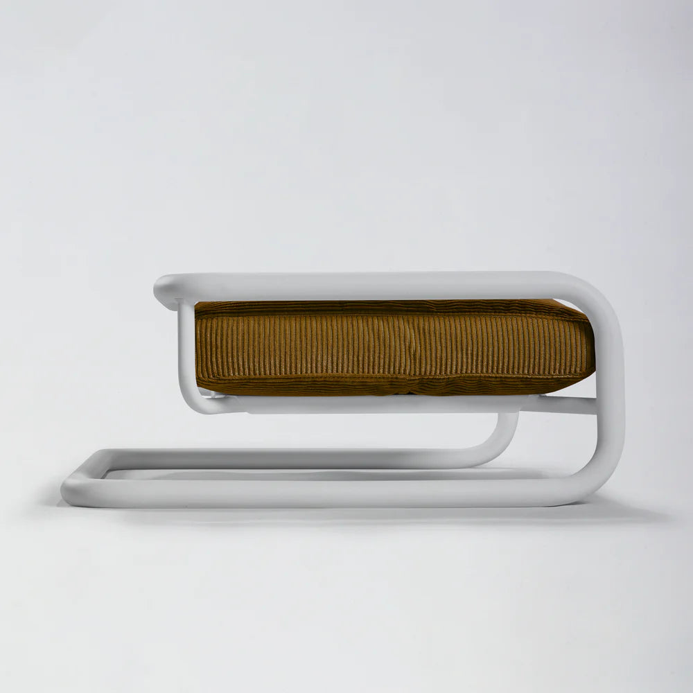 Lit design à suspension en acier et velours côtelé bronze